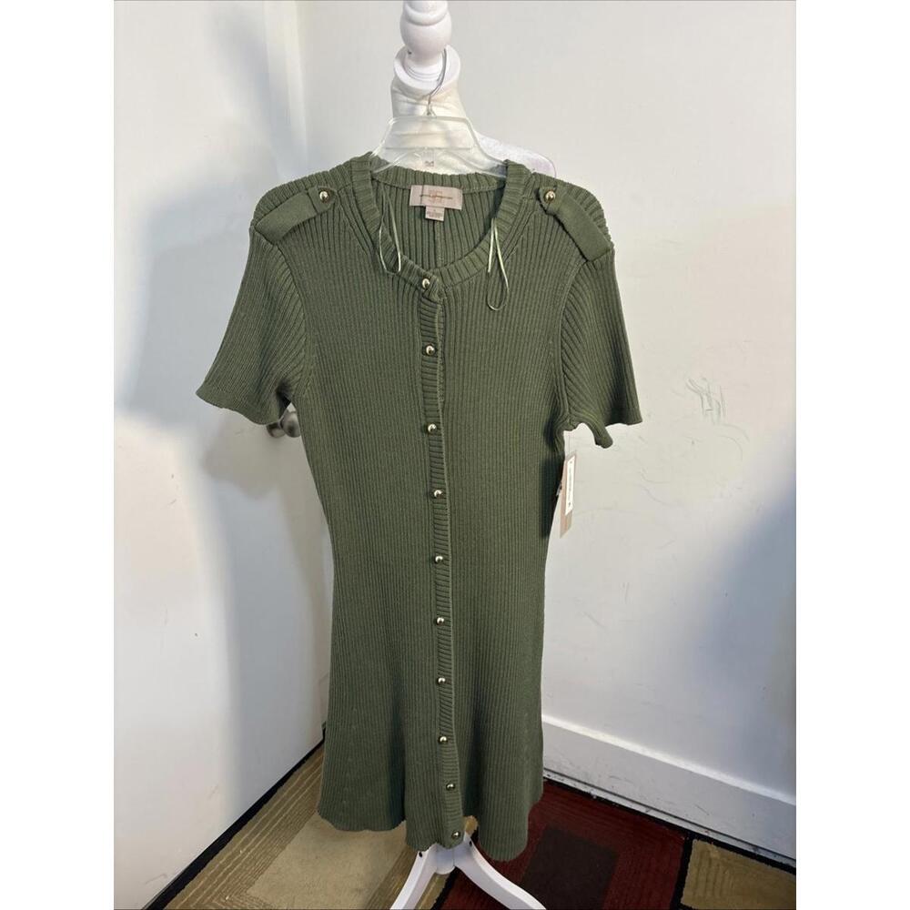 French Connection Women Olive Green Ribbed Knit Button Sweater Dress Large‎ NWT